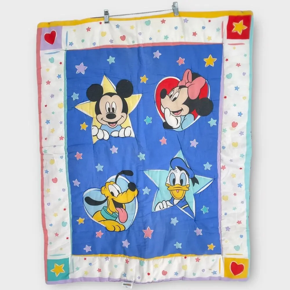 Vtg Disney Babies Quilt Mickey Minnie Stars Hearts Shapes Nursery Baby Blanket
